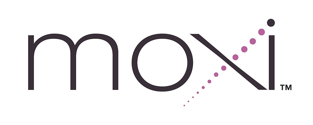 Moxi logo with stylized text and dots.